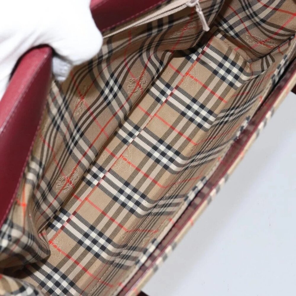 BURBERRY Nova Check Hand Bag Canvas Leather Bordeaux Beige Auth - Picture 11 of 16